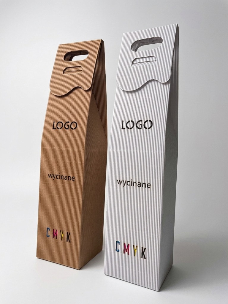 tekturowe pudełko na 1 wino z logo wycinanym, grawerowanym, cmyk